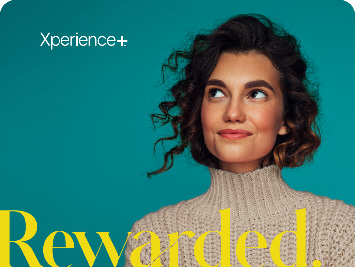 Woman on teal background with Xperience+ and Rewarded text